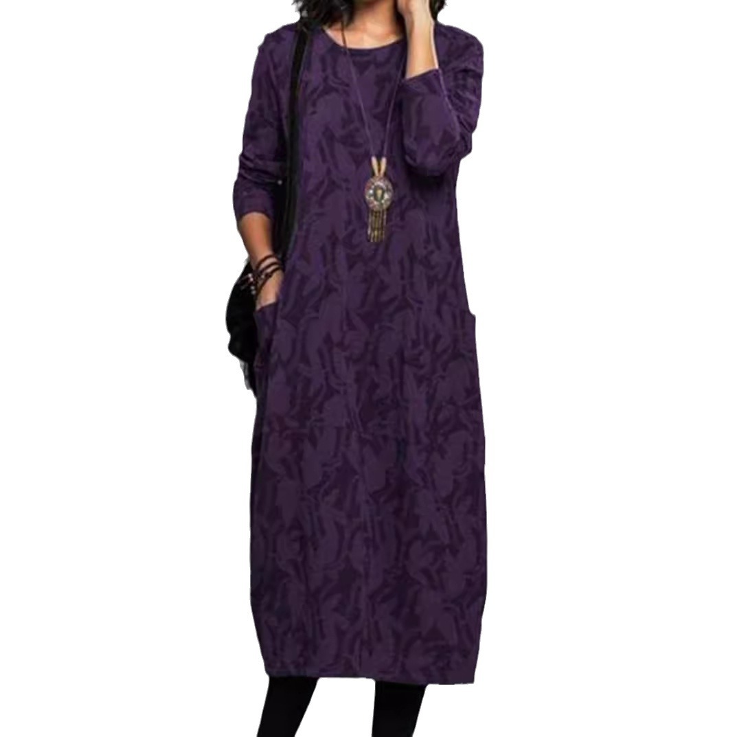 Women's Round Neck Long Sleeve Pocket Dress Casual Floral Print