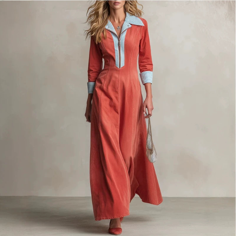 Retro Blue & White Striped Denim Maxi Dress