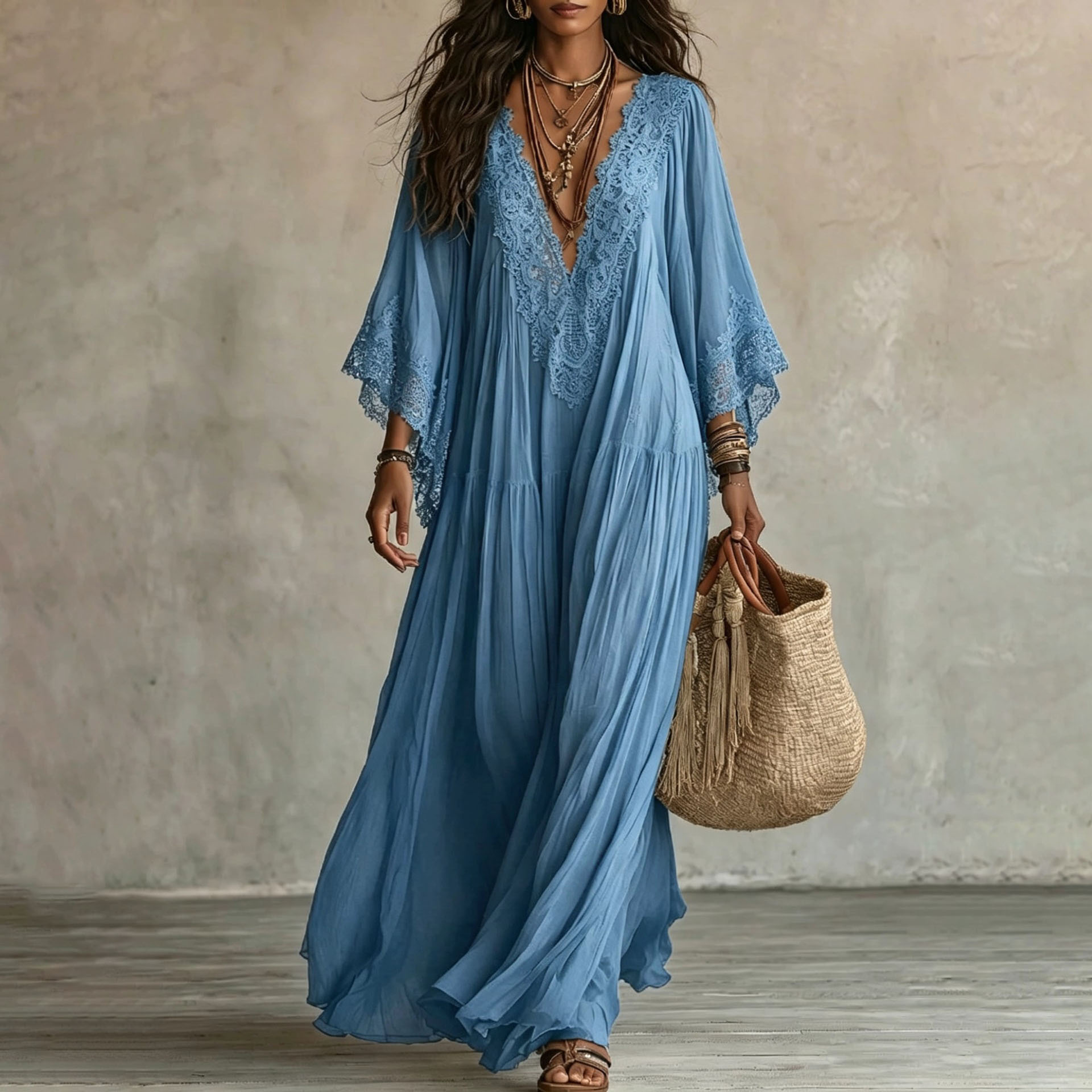 Lace V-Neck Batwing Sleeve Long Dress