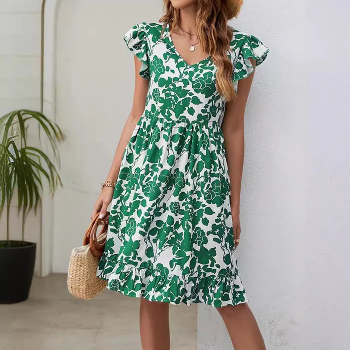 V-Neck Digital Print Ruffle Sleeve Porcelain Dress
