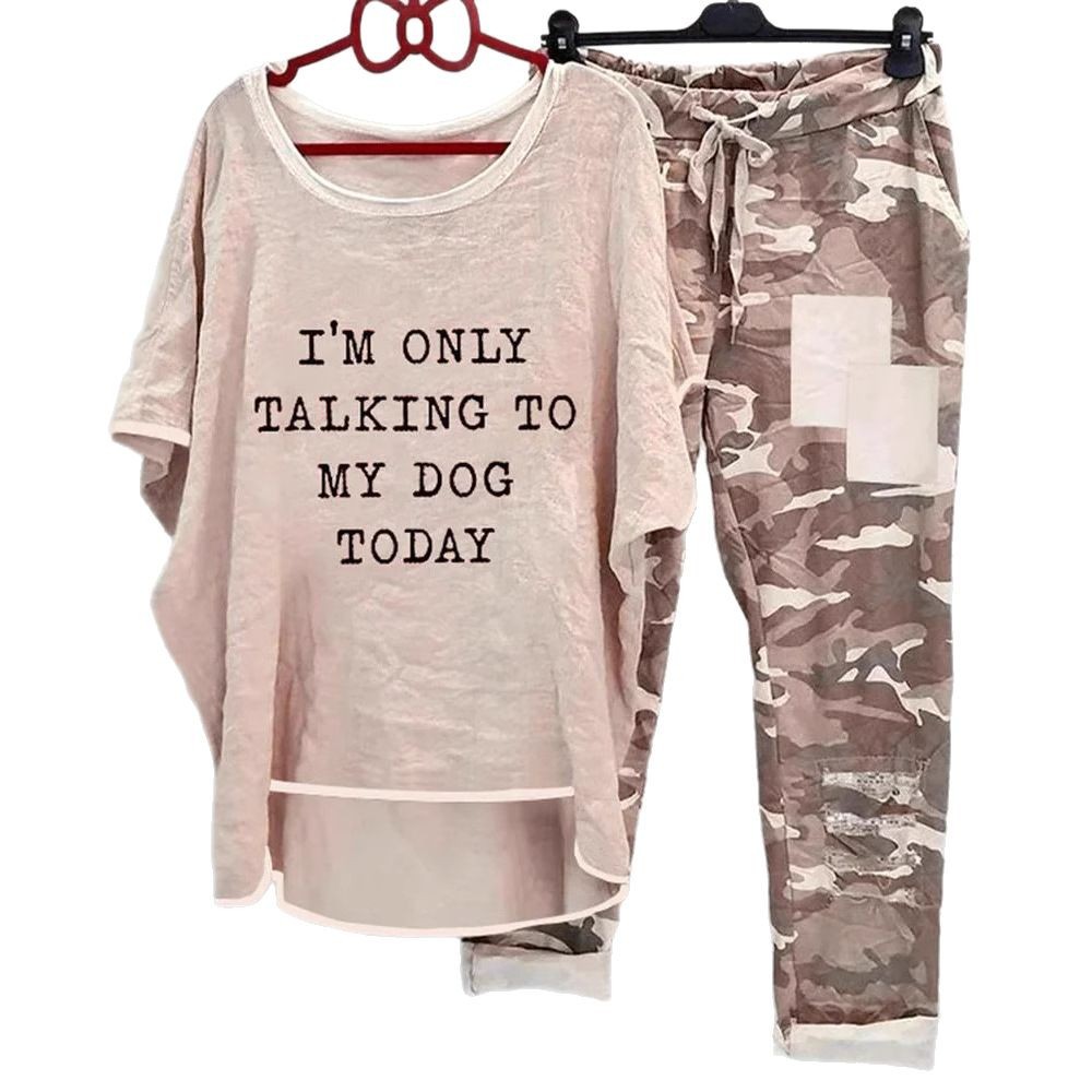 Women's Casual Printed Short-Sleeve Top and Camo Pants Set