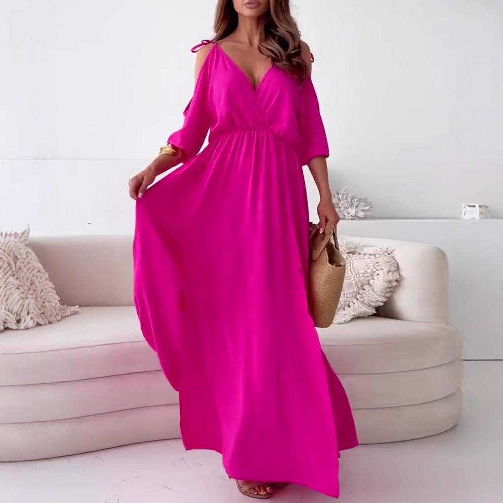 Solid Color Off-Shoulder V-Neck Cinched Waist A-Line Midi Dress with Five-Quarter Sleeves