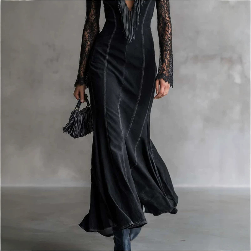 Western Vintage Black Denim Lace Sleeve Deep V Fringe Mermaid Maxi Dress