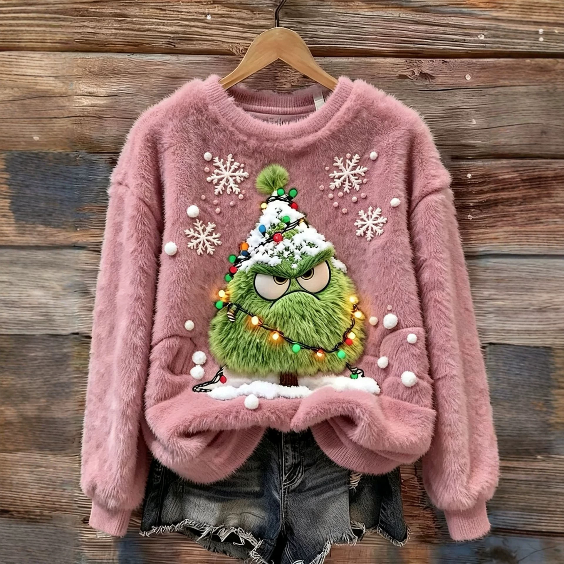 Goblin Snowflake Print Long-Sleeve Pullover Fleece Sweatshirt