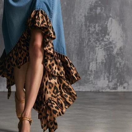 Elegant Vintage Leopard Hem Blue Denim Sleeveless Long Dress