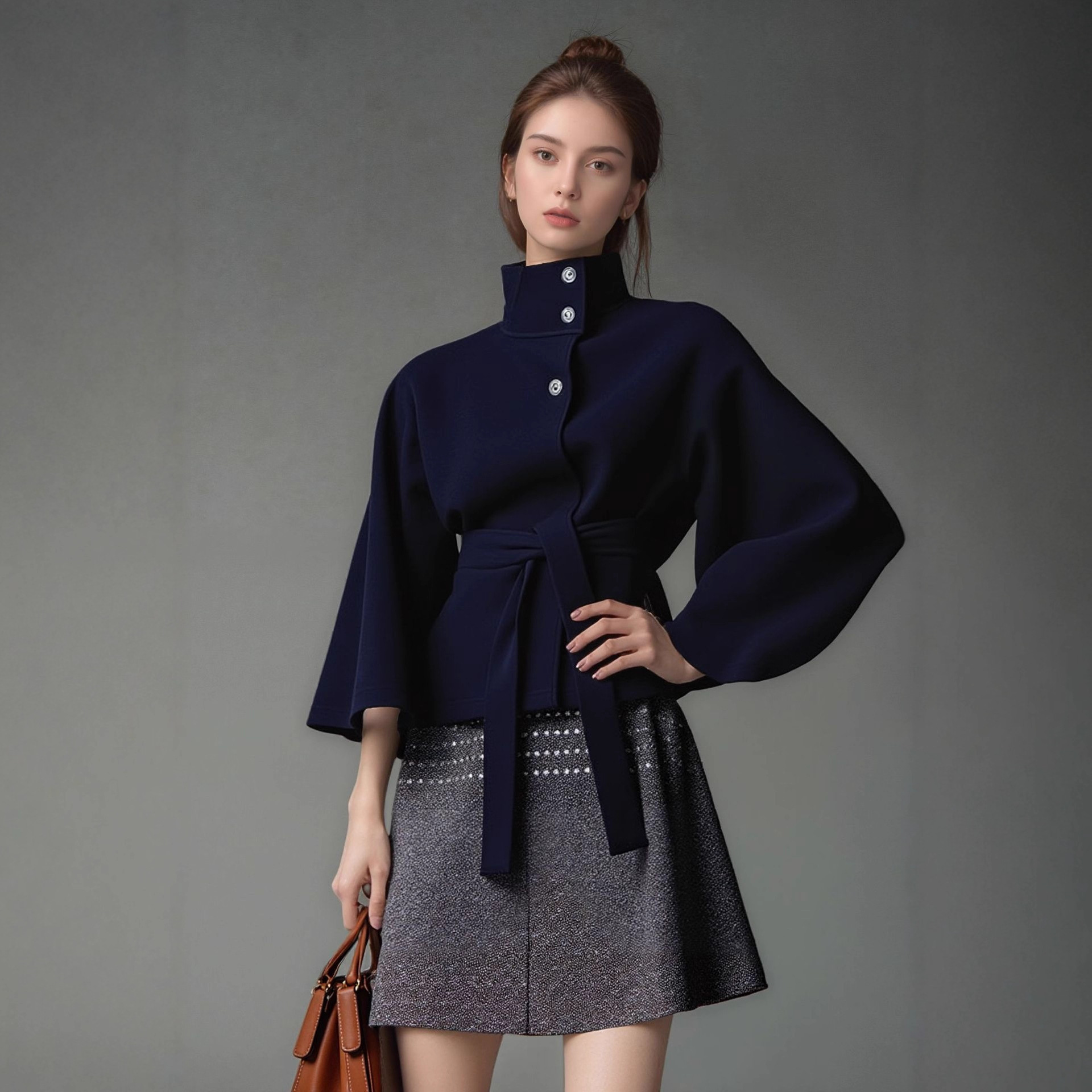 Women's Solid Color Wool-Blend Cape Coat with Stand Collar and Belt