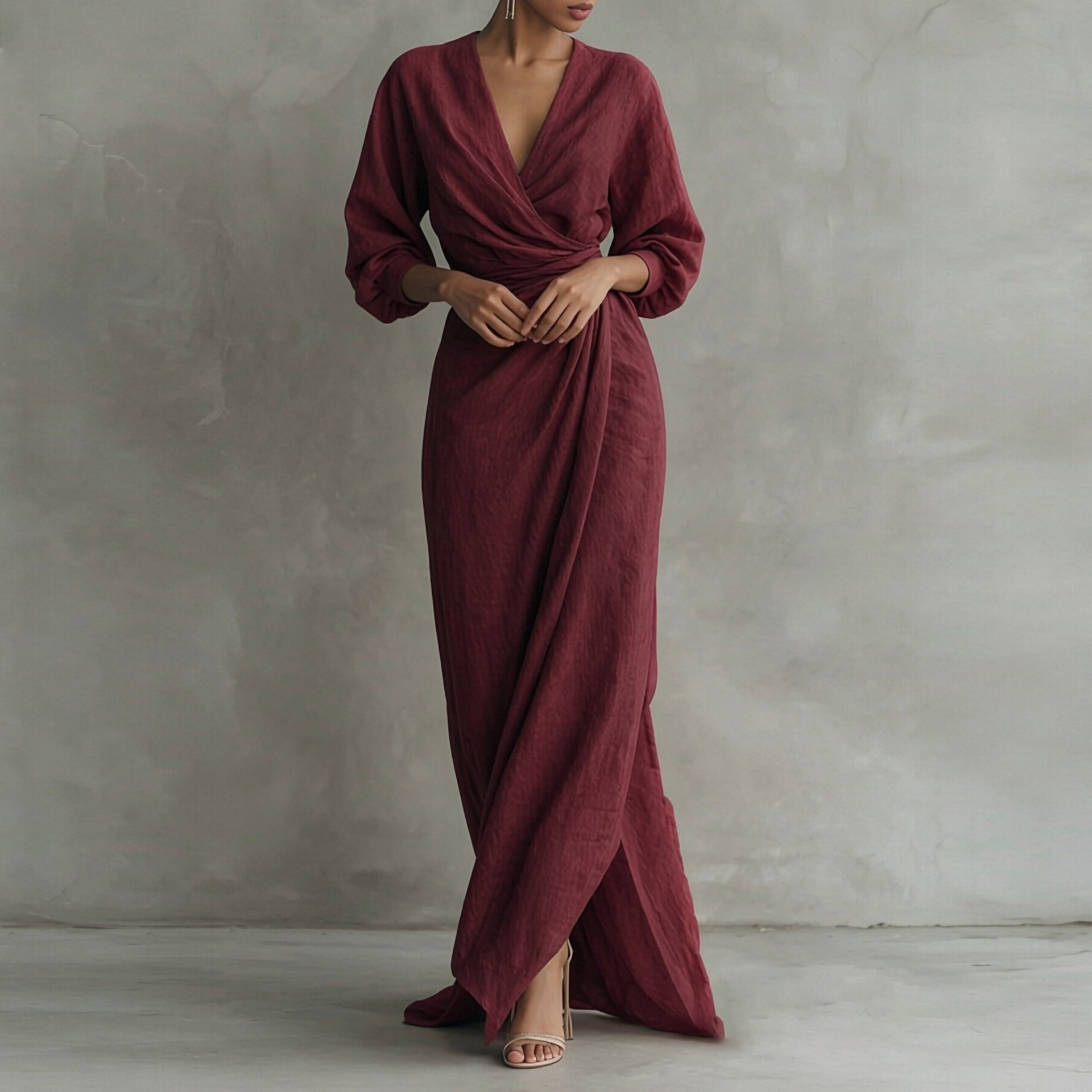 Women's Elegant Solid Cross V-Neck Long Sleeve Slim Waist Midi Dress