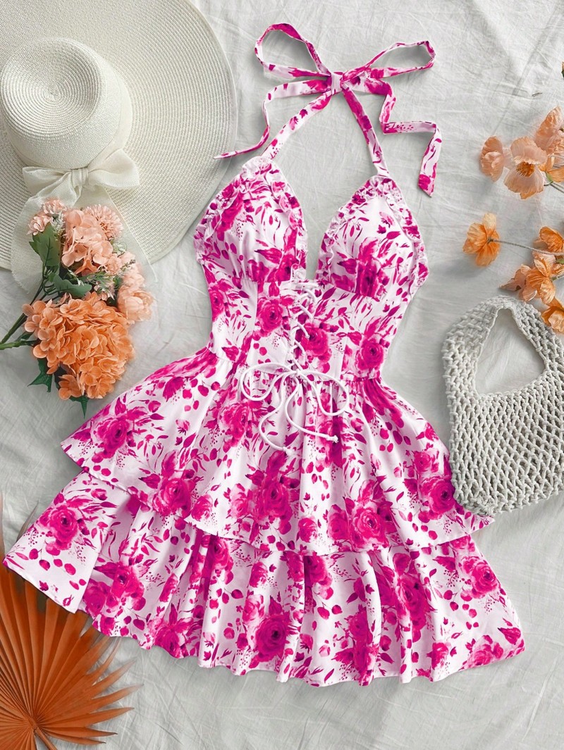 Women's Vintage Blue & White Watercolor Rose Print Tie-Neck Ruffle Dress