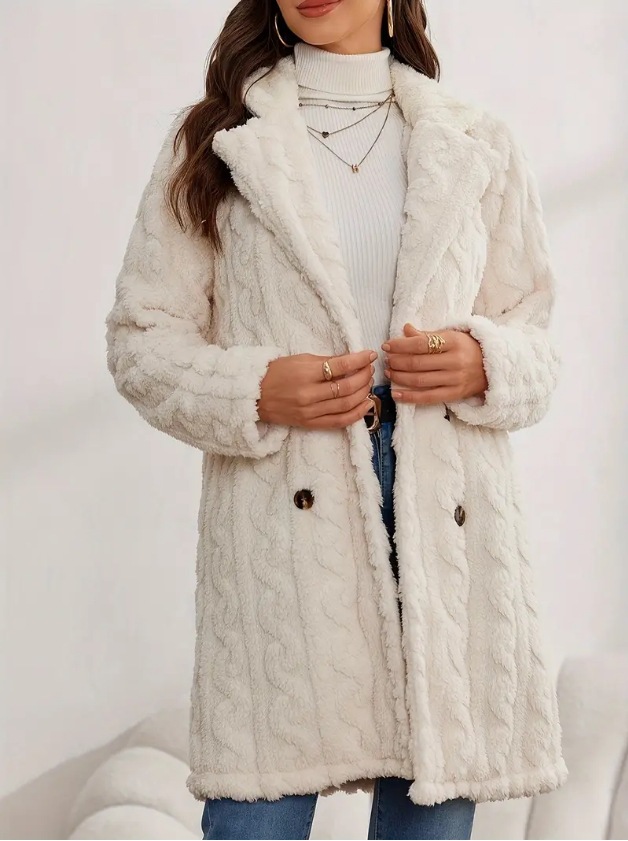 Women's Plush Wool-Blend Coat Double-Breasted Suit Collar Mid-Length