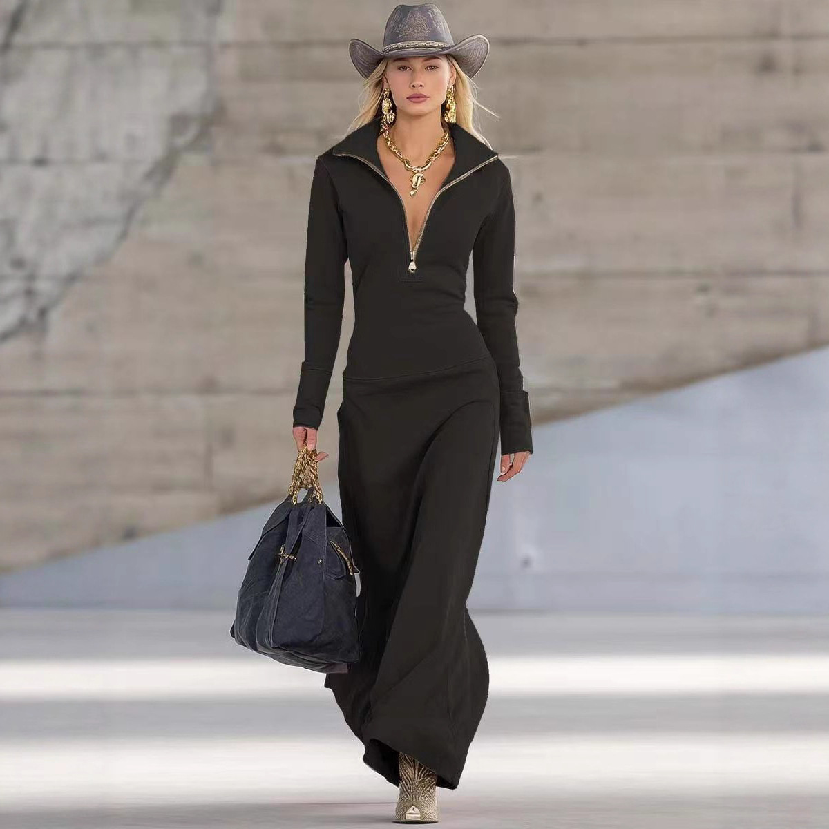 Women's Zip-Up Polo Neck Long Sleeve Slim Fit Long Dress