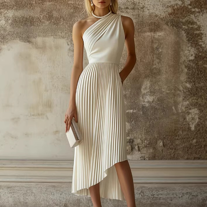 Elegant White Pleated Sleeveless Midi Dress