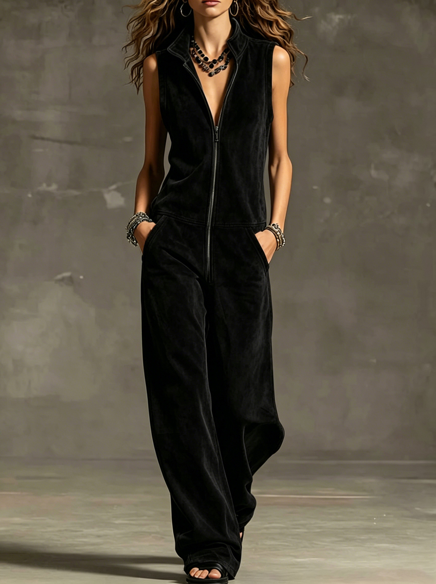 Suede Sleeveless Jumpsuit with Stand Collar, Zip Front & Wide Legs