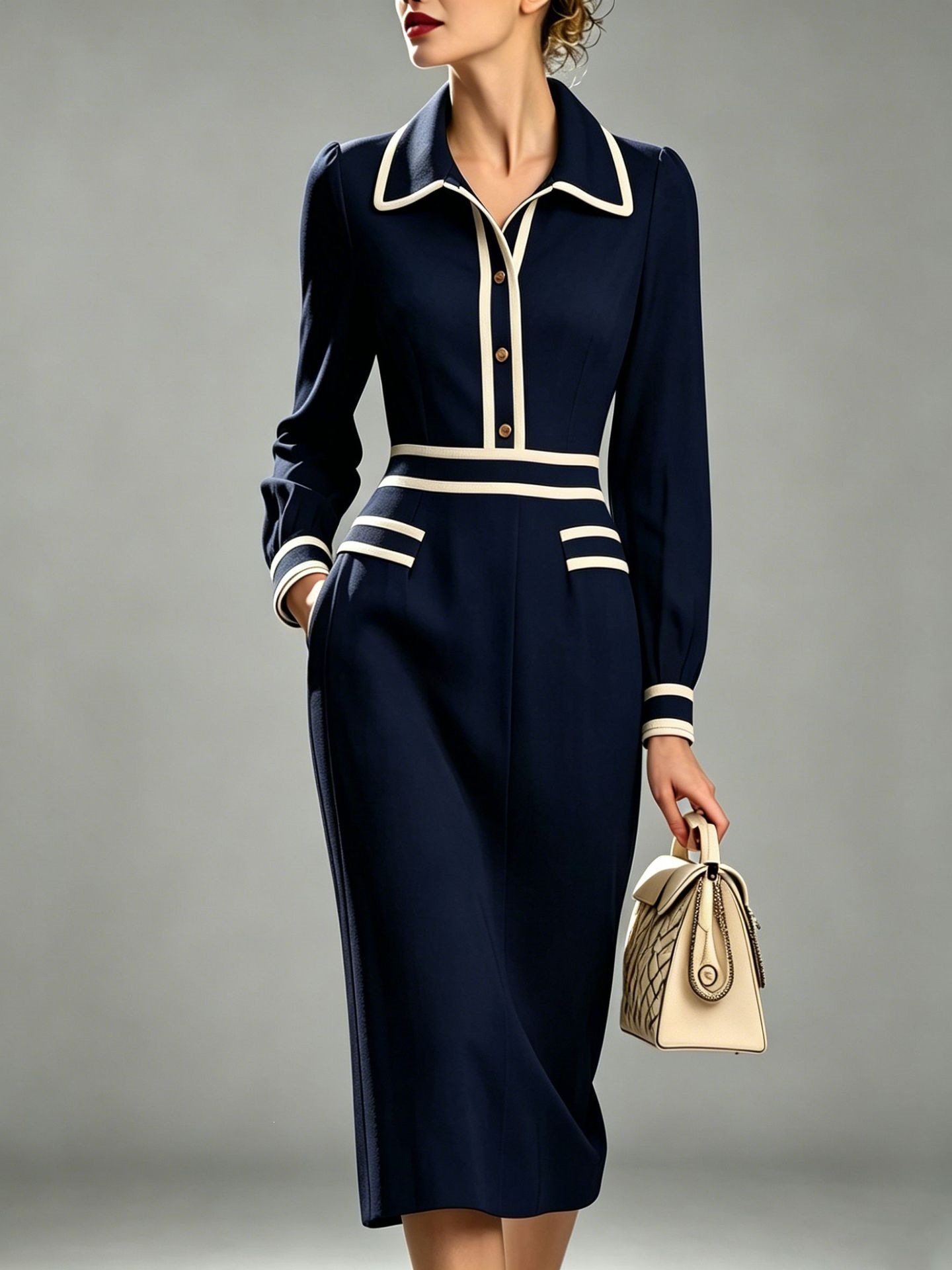 Color-Block Waist-Cinching Midi Dress with Lapel Collar
