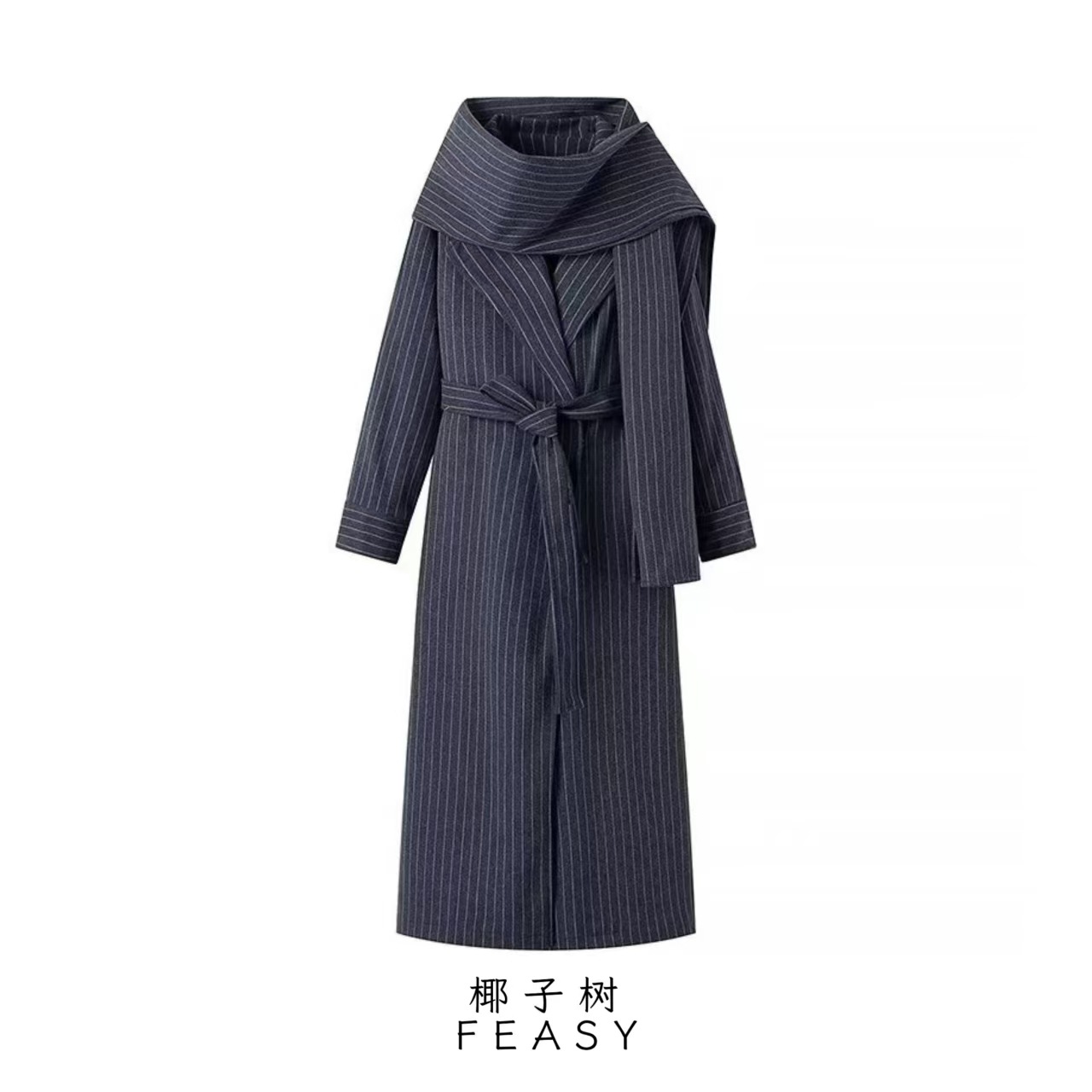 Women's Long Trench Coat with Scarf Striped Streetwear