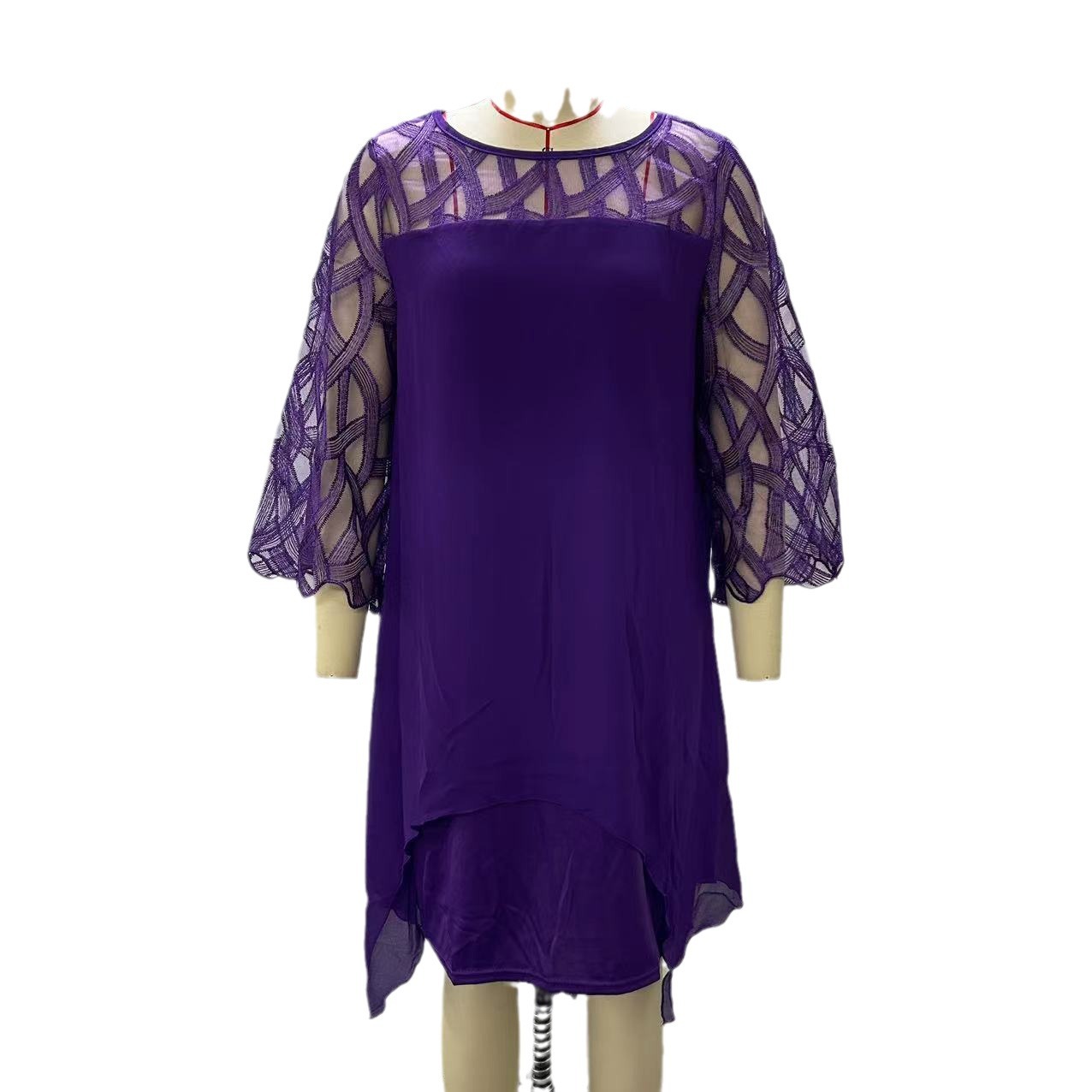 Lace Panel Seven-Sleeve Asymmetrical Hem Chiffon Dress