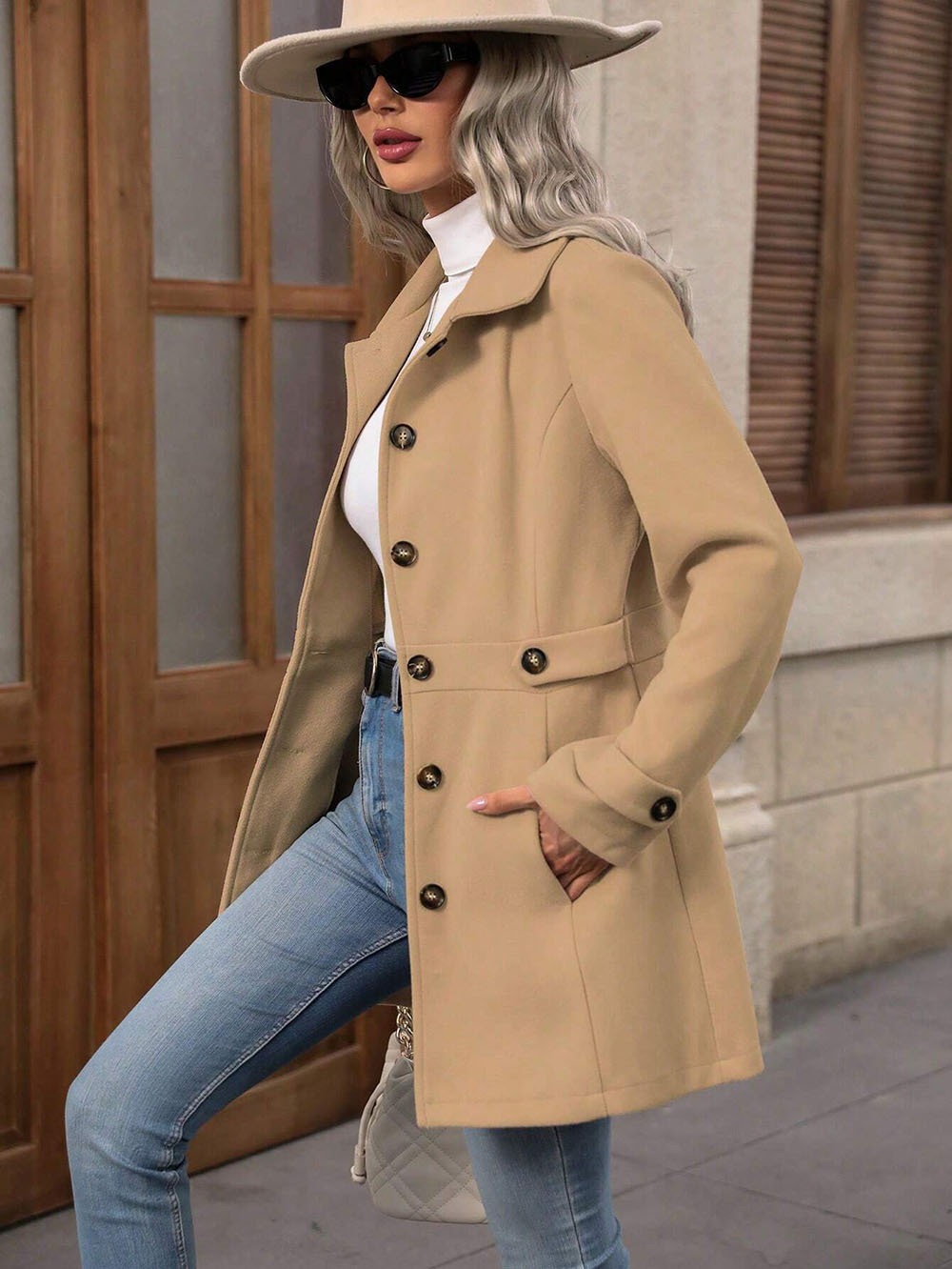 Women's Wool Blend Coat with Lapel Collar and Button Front, Solid Color, Loose Fit, Mid-Length