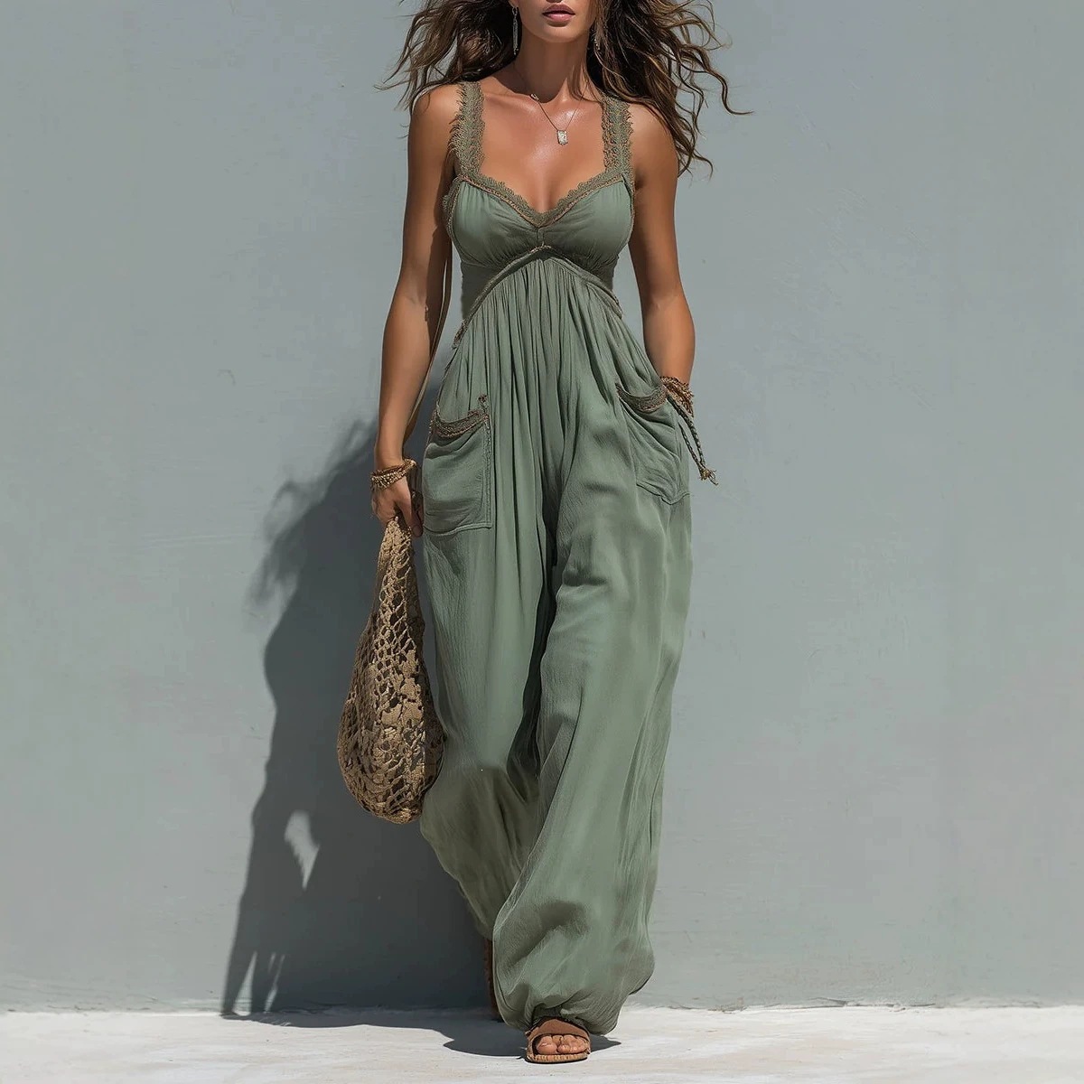 Women's Solid Color Sleeveless Wide-Leg Jumpsuit