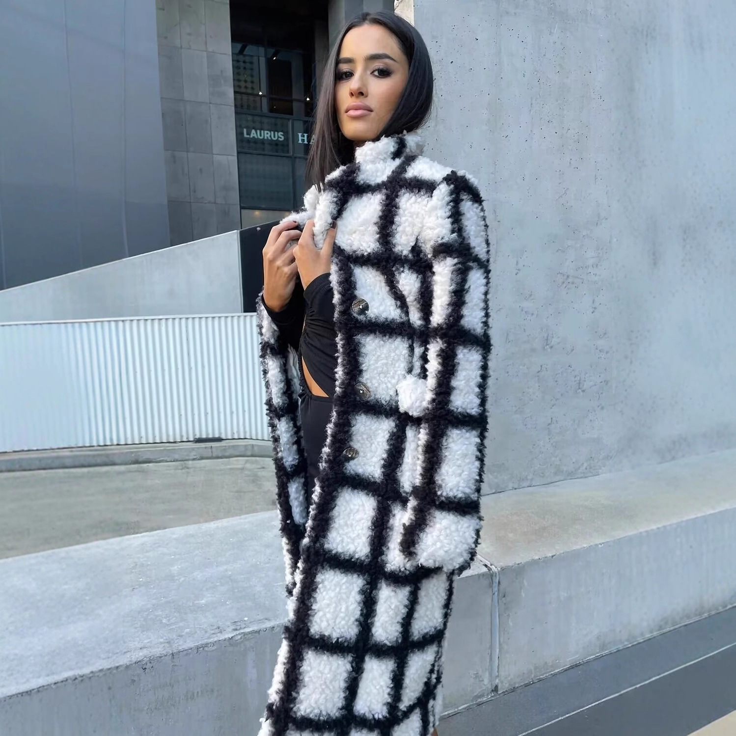 Black and White Plaid Faux Fur Long Colorblock Coat