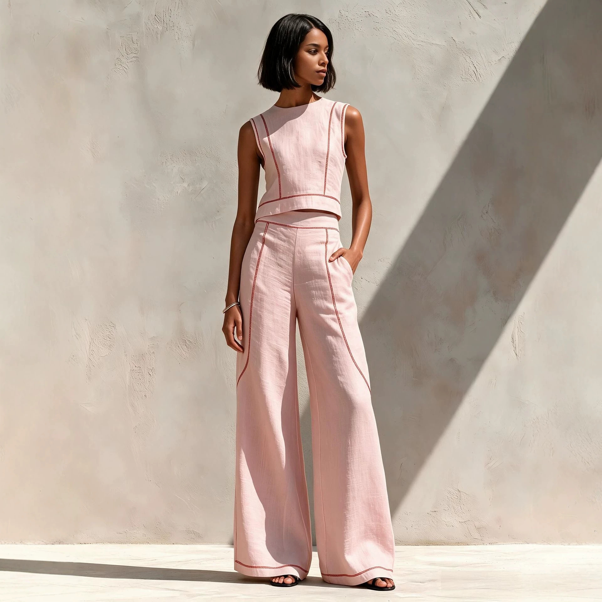 Sleeveless Color-Block Wide-Leg Pants Set Women's Casual Two-Piece