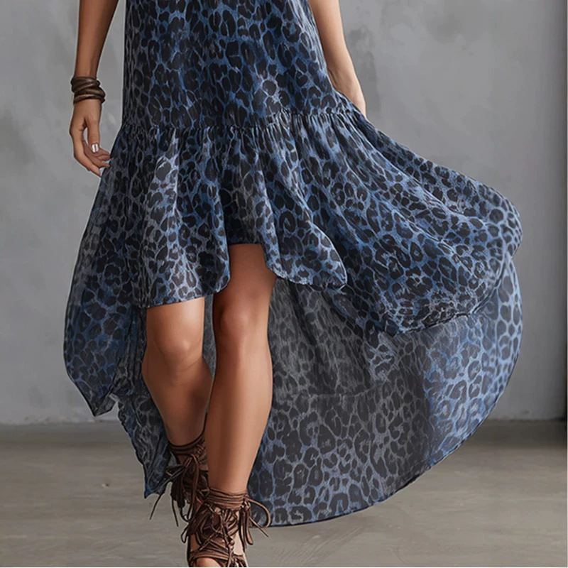 Blue Leopard Print Chiffon Maxi Dress with V-Neck and Asymmetrical Hem