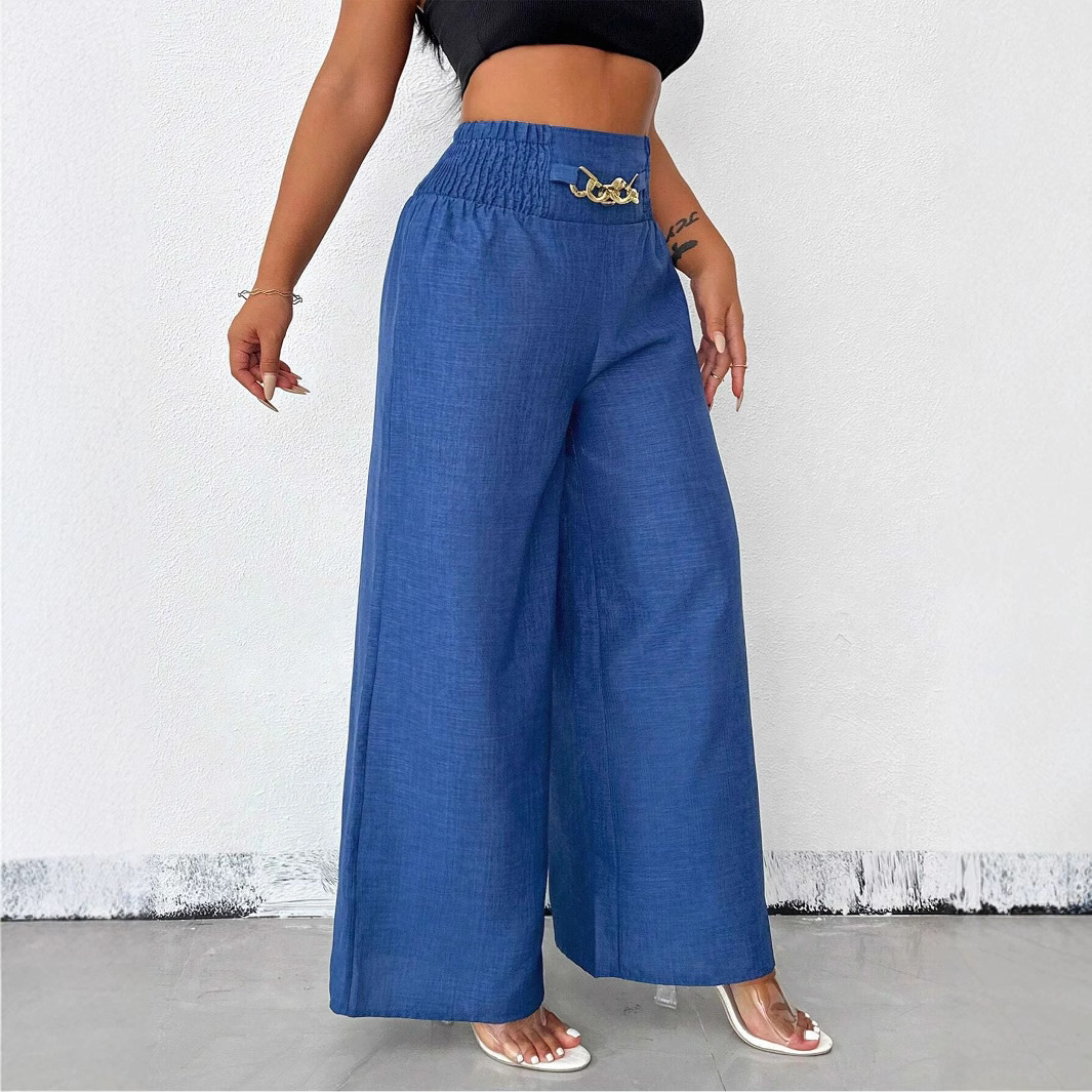 Women's High-Waist Wide-Leg Pants with Elastic Waist and Chain Detail