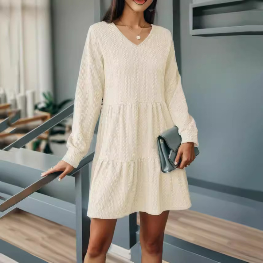 V-Neck Colorblock Long-Sleeve Loose Dress