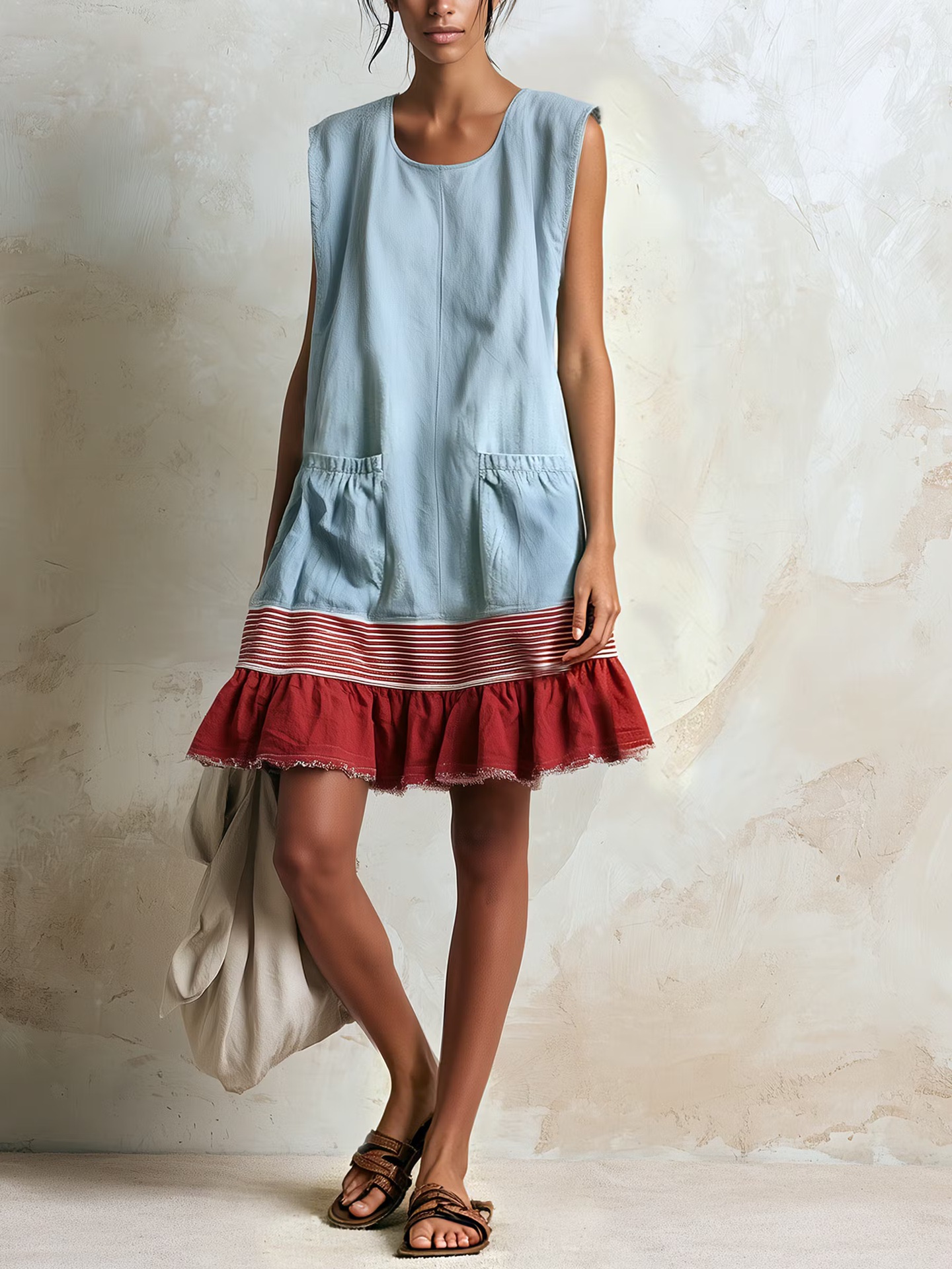 Women's Vintage Patchwork Loose Sleeveless Midi Dress