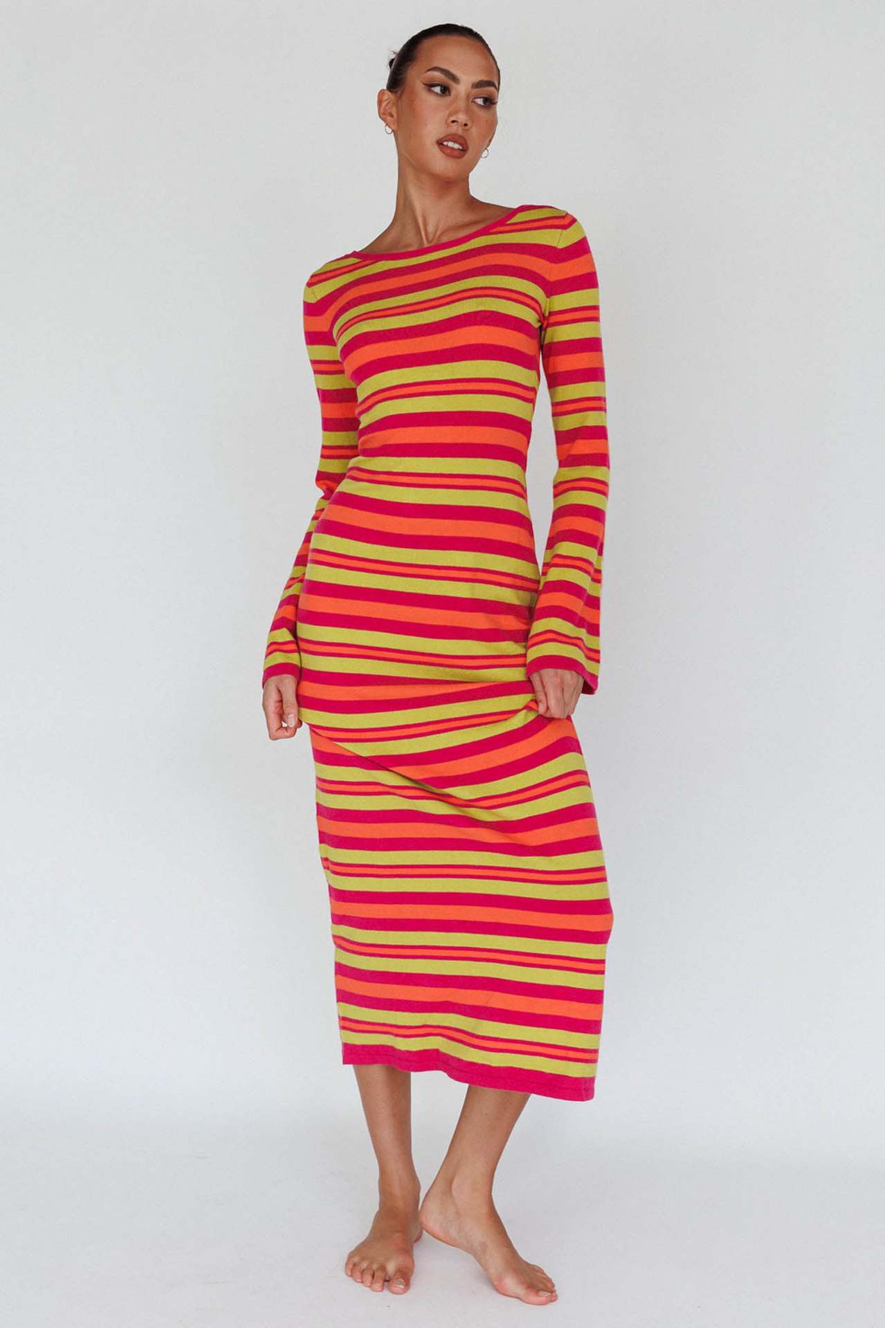 Striped Color-Block Long-Sleeve Open-Back Midi Dress