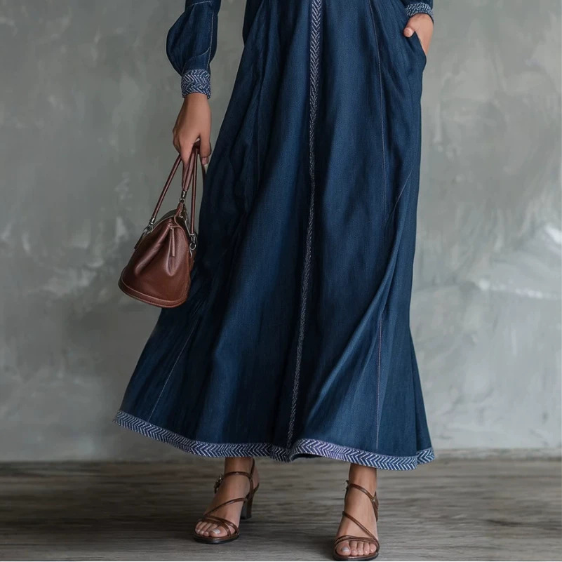 Bohemian V-Neck Cinched-Waist Denim Dress
