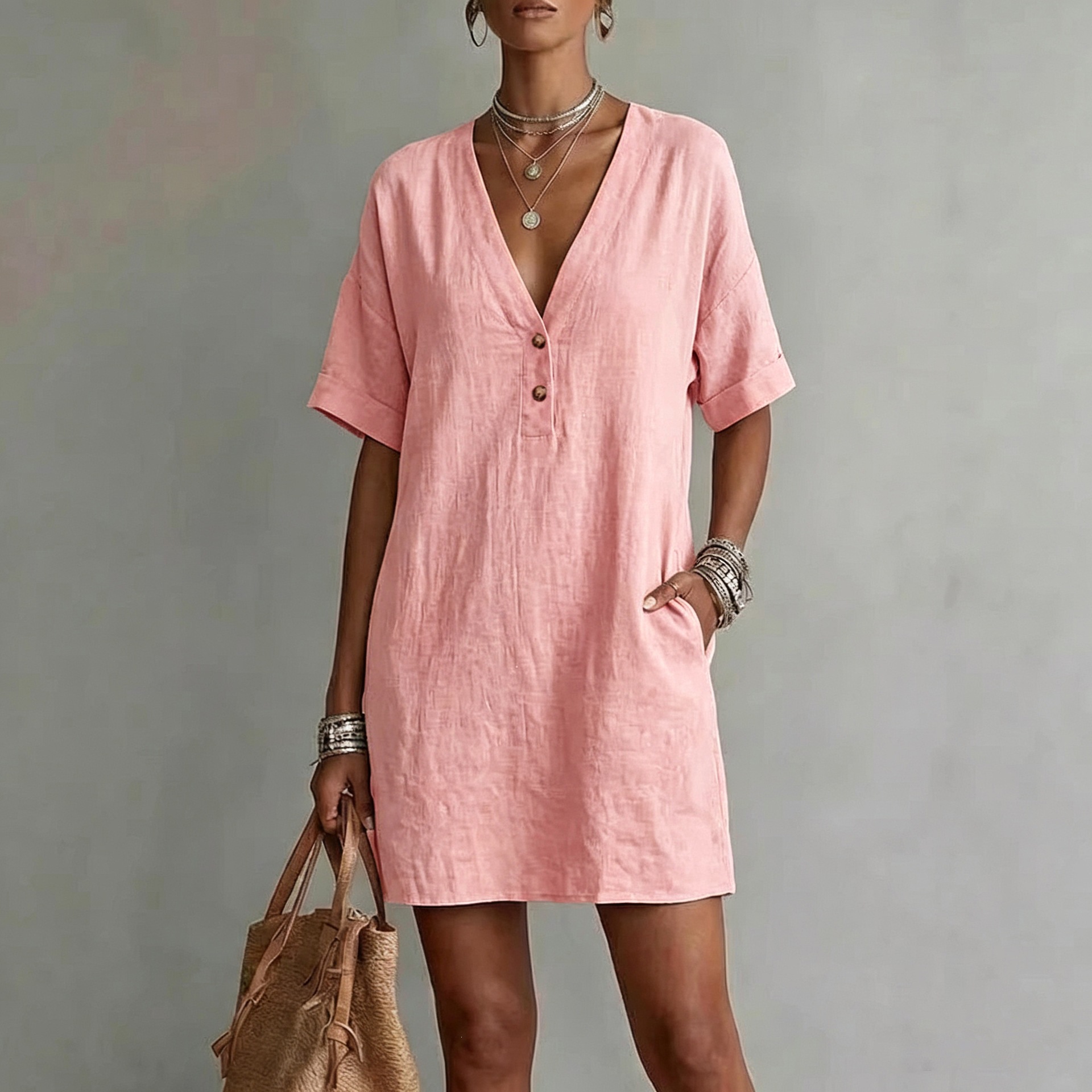 Boho Cotton-Linen Deep V Half-Button Short Sleeve Midi Dress