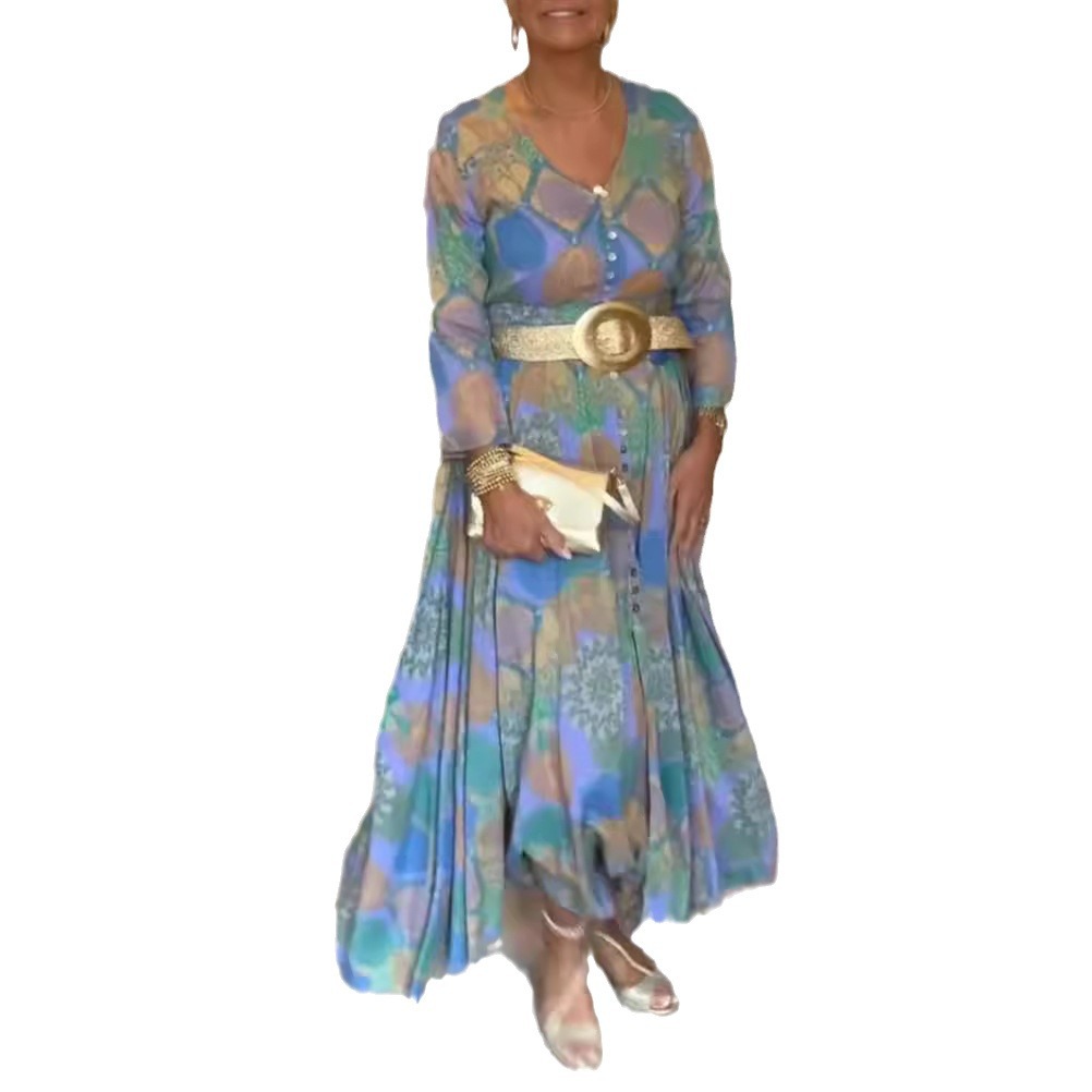 Floral Print V-Neck Long Sleeve Belted Maxi Dress