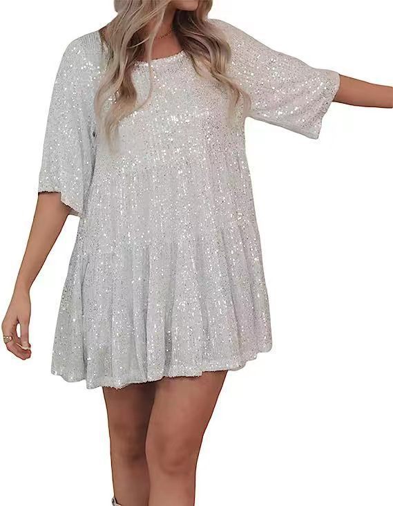 Sequin Round Neck Loose Short Sleeve Midi Dress for Parties and Evening