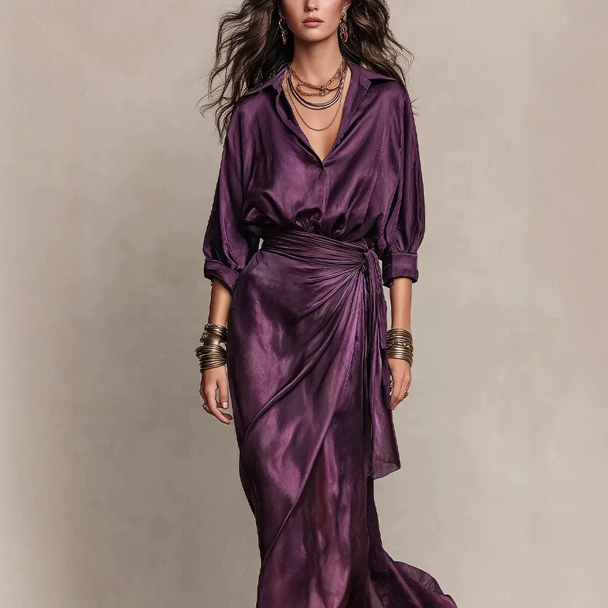 Dark Purple Satin Wrap Dress with Tie Waist and Shirt Collar