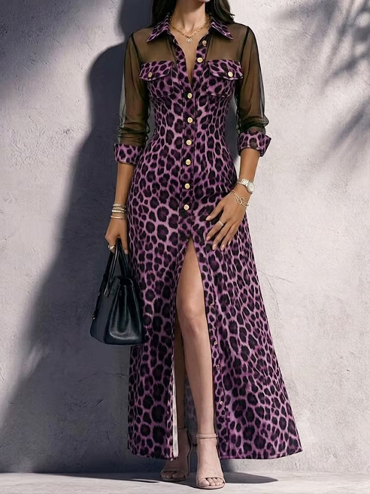 Leopard Print Mesh Panel Slit Long Sleeve Dress