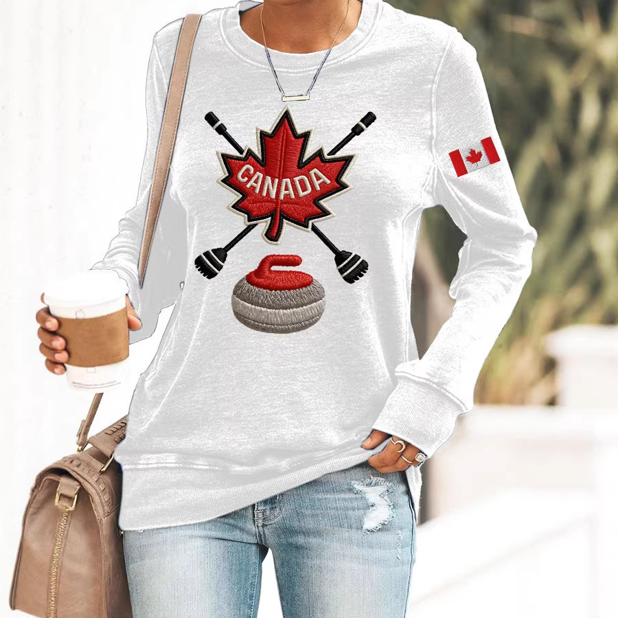 Canada Maple Leaf Curling Print Crewneck Sweatshirt