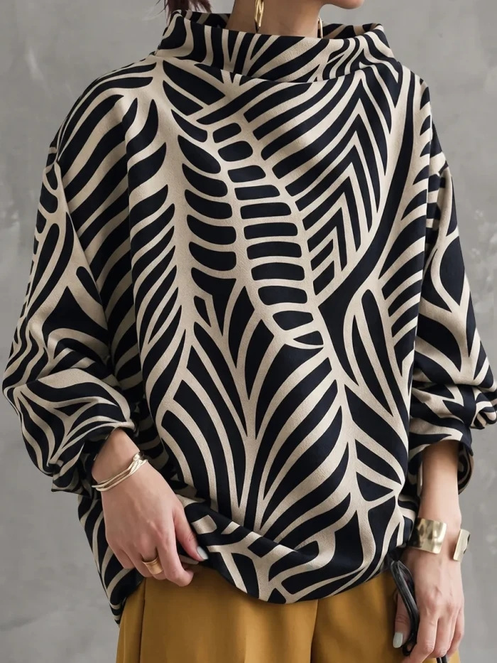 Women's Long Sleeve Loose Colorblock Print High Neck Sweatshirt