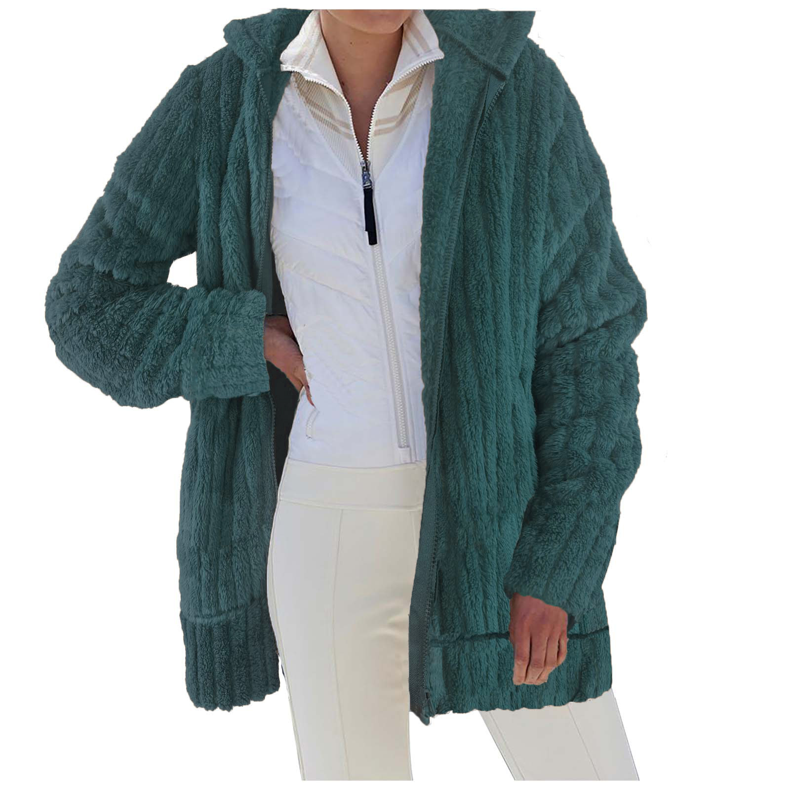 Women's Warm Fleece Solid Zip Hooded Loose Coat
