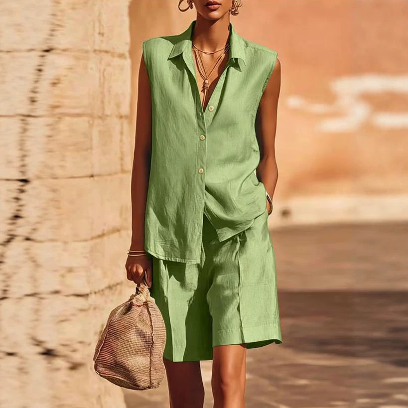 Women's Solid Color Button-Front Collared Shirt & Shorts Set