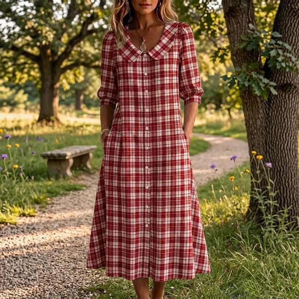 Women's Plaid Shirt Collar Midi Dress Half Sleeve Straight Fit