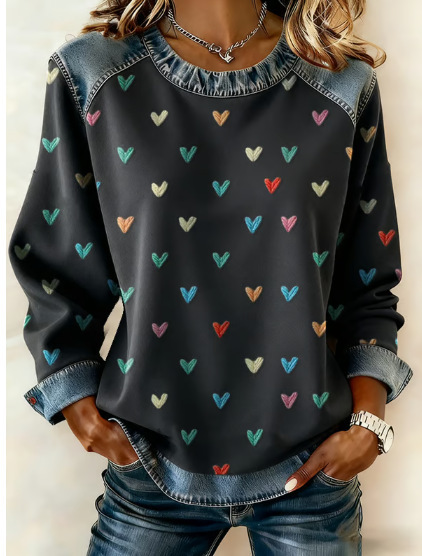 Women's Heart Polka Dot Letter Print Crewneck Sweatshirt