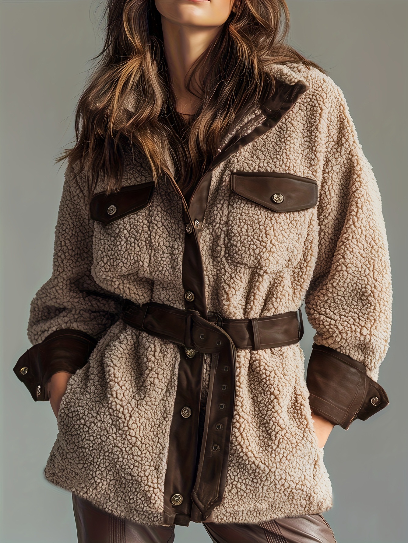 Women's Thick Sherpa Fleece & PU Leather Spliced Belted Jacket with Pockets