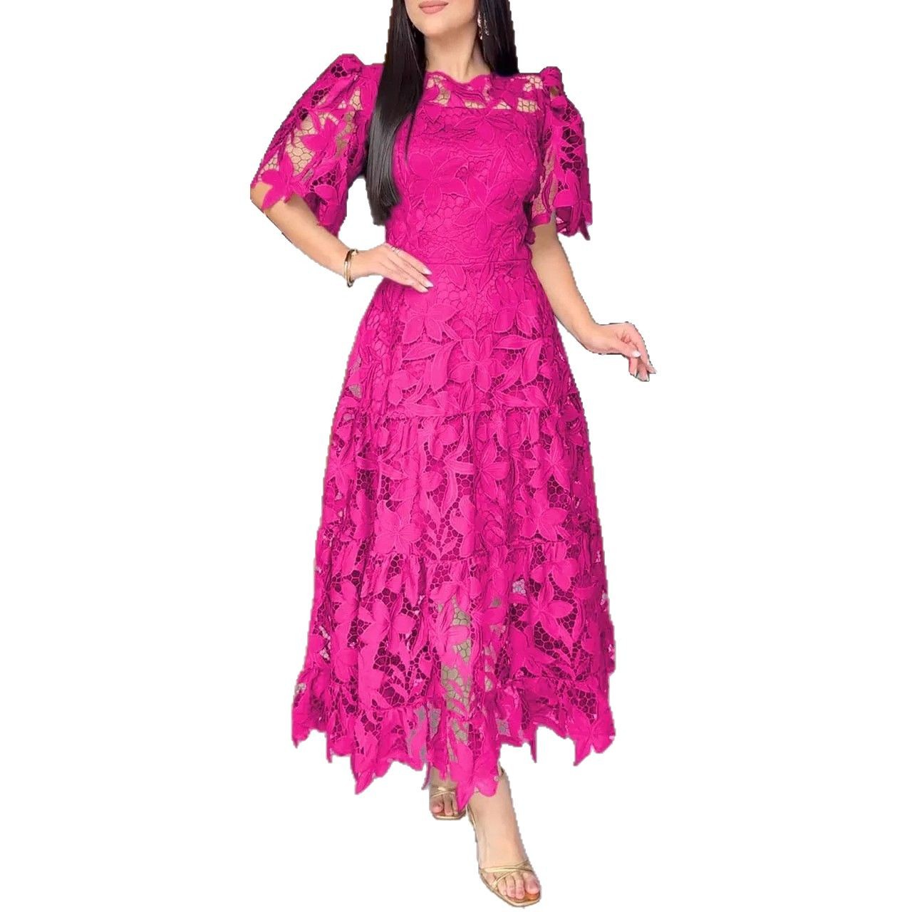 Women's Elegant Round Neck Hollow Lace Dress