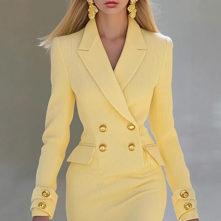 Elegant V-Neck Light Yellow Knit Midi Dress