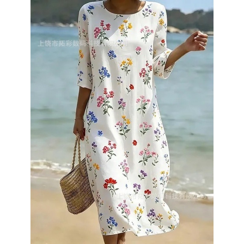 Women's Midi A-Line Dress with Side Pockets, Round Neck, Long Sleeves, Loose Fit, 3D Print, Beach Vacation