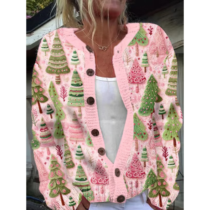 Women's Snowman & Tree Print Button Cardigan Sweater
