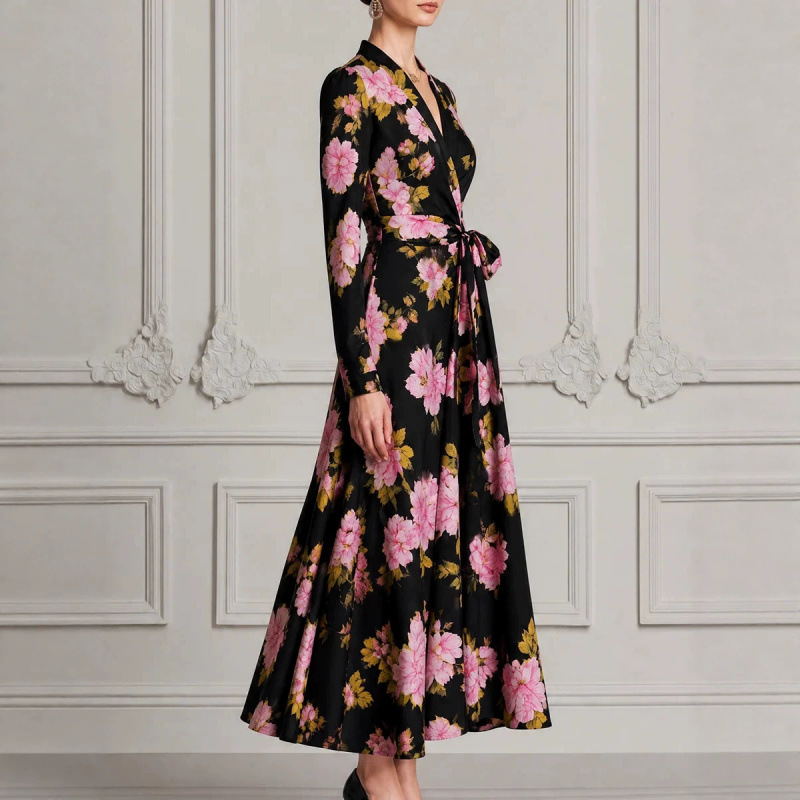 Floral Print V-Neck Midi Dress High Waist Slim Fit