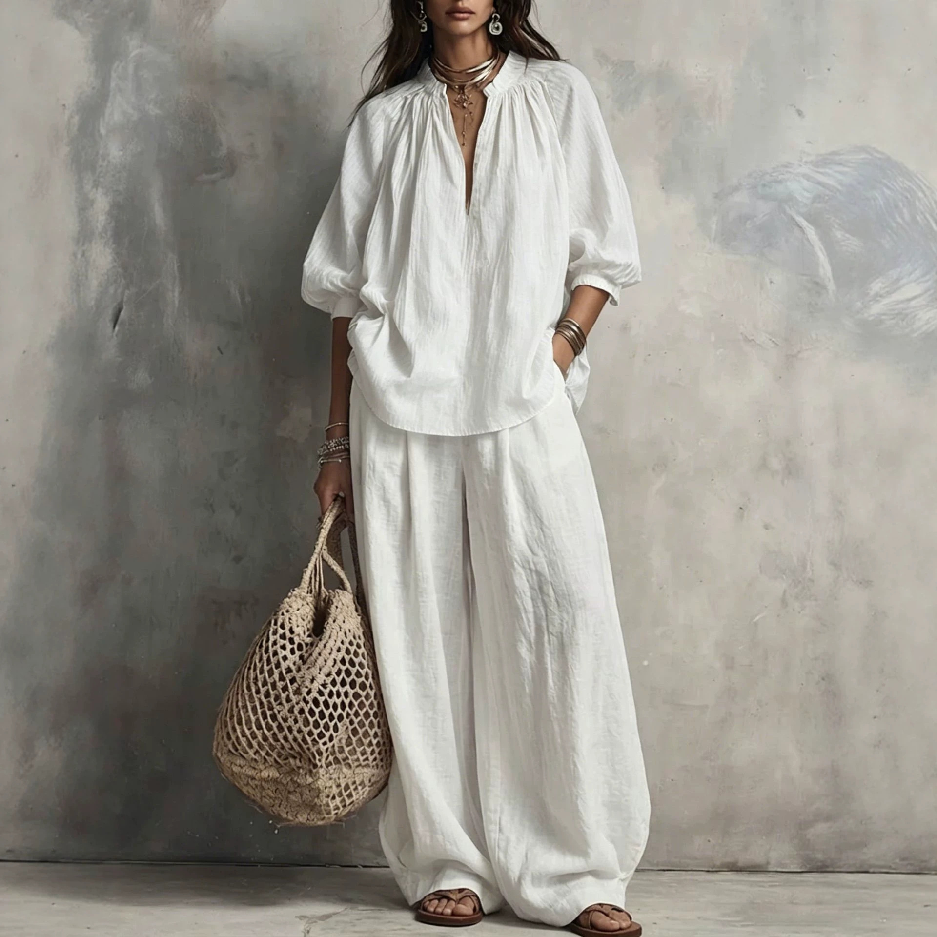 Boho V-Neck 3/4 Sleeve Shirt & Wide-Leg Pants Set