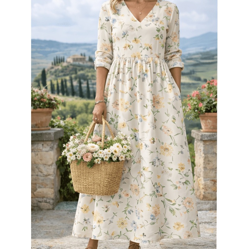 V-Neck Long Sleeve Floral Print Polyester Dress