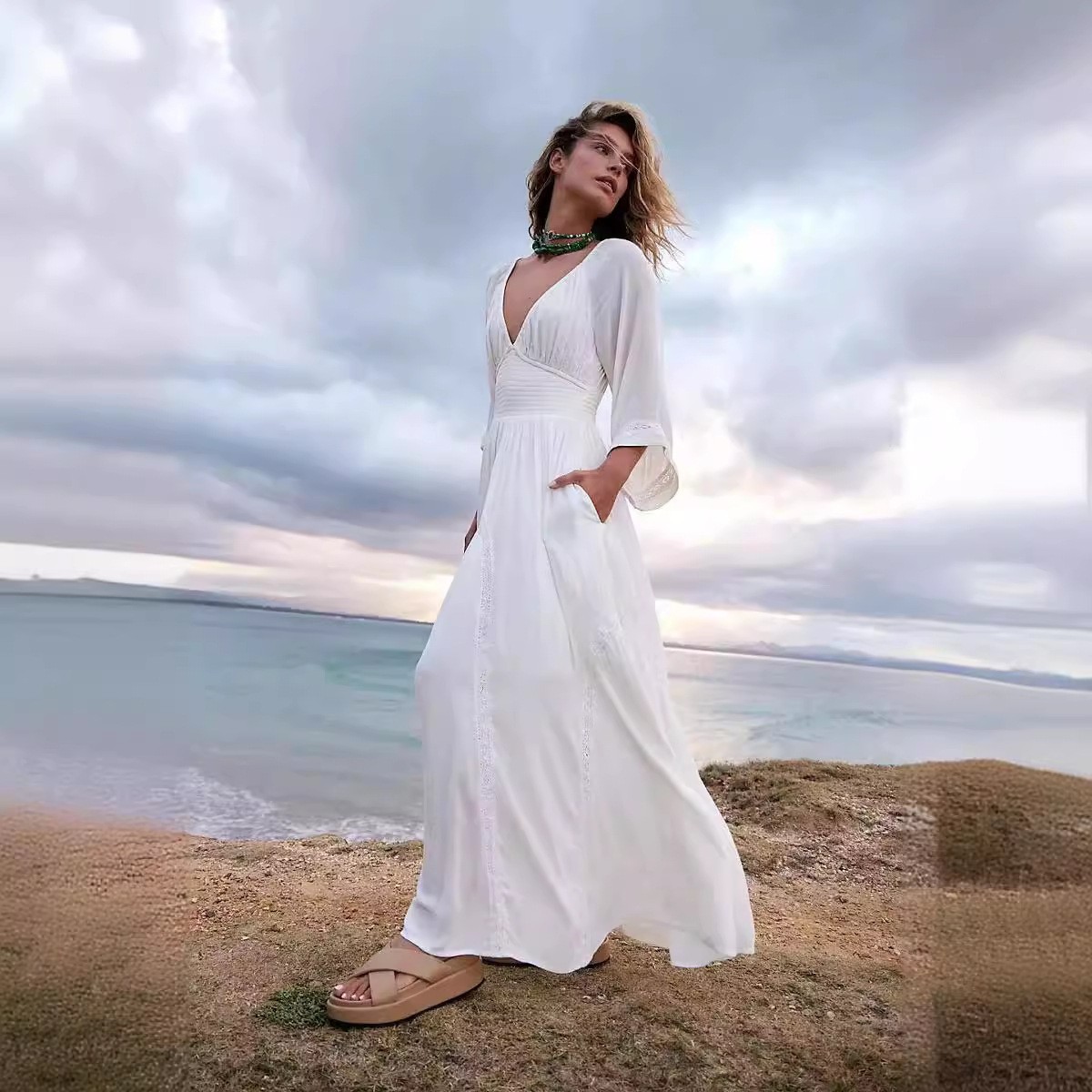 V-Neck Midi Sleeve Bodycon Solid Color Beach Dress