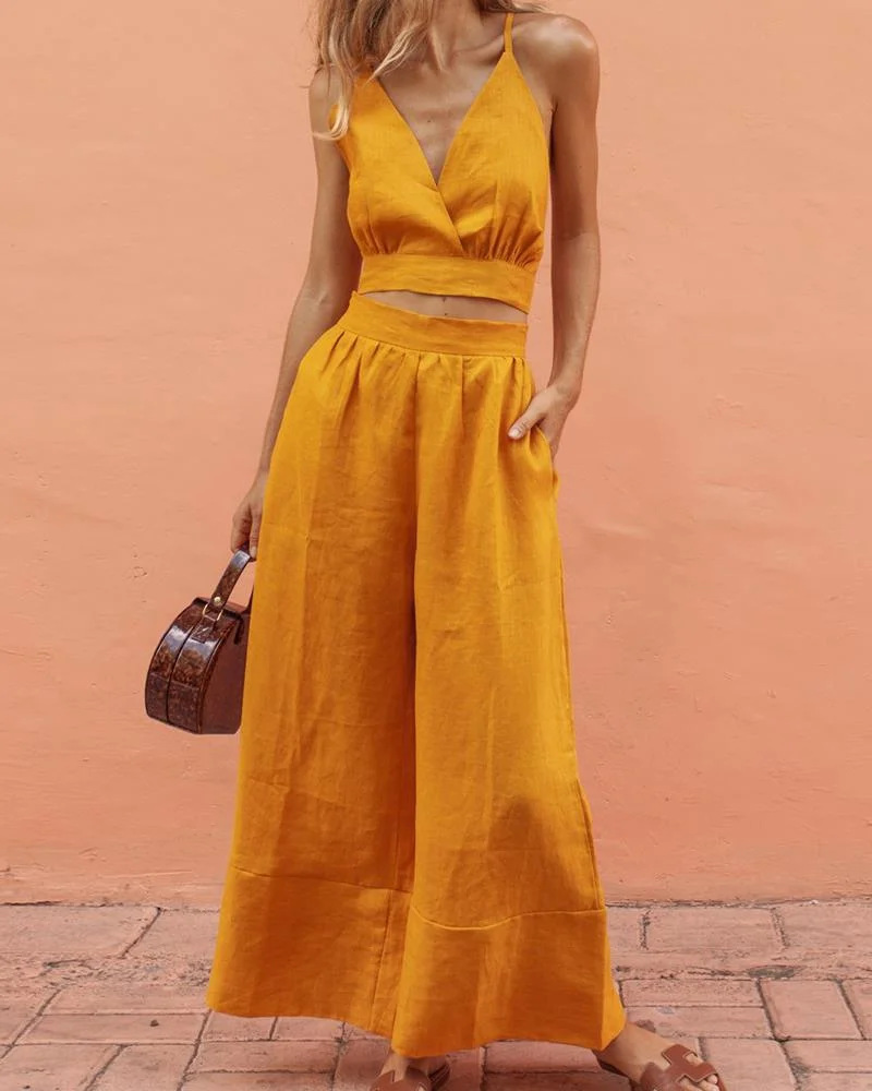 Women's Sleeveless Cami & Pants Set Solid Color Woven